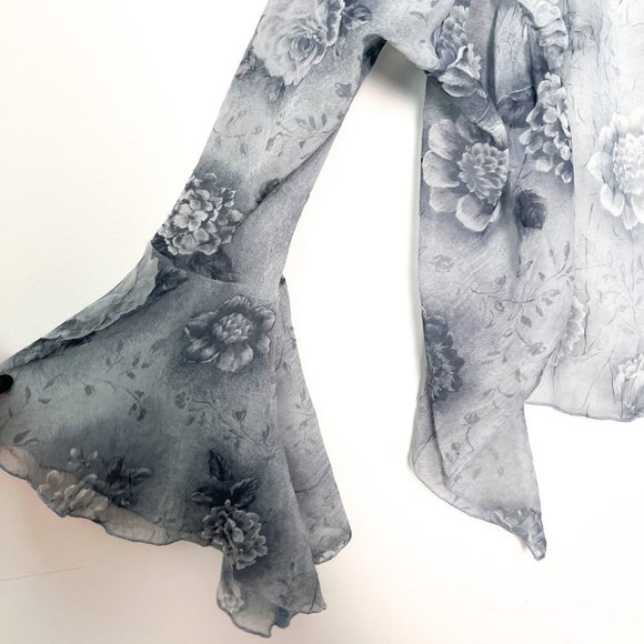 Vintage 80s Blue Floral Sheer Chiffon Cardigan Blouse - Picture 5 of 6